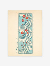 Japanese wave cherry blossom poster with red flowers and blue curved lines