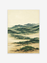 Japanese wave landscape wall art print with green waves and beige foreground on textured canvas, unframed minimalist style.