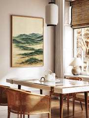 Japanese wave landscape wall art print with green waves and beige foreground on textured canvas, unframed minimalist style. - Image 2