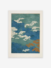 Japanese wave pattern poster with dynamic blue and green swirls, white clouds, and orange abstract shapes.