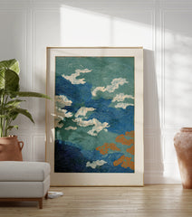 Japanese wave pattern poster with dynamic blue and green swirls, white clouds, and orange abstract shapes. - Image 3