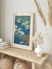 Japanese wave pattern poster with dynamic blue and green swirls, white clouds, and orange abstract shapes. - Image 4