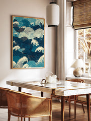 Japanese wave poster featuring intricate blue and off-white ocean waves in a traditional Ukiyo-e style illustration. - Image 2