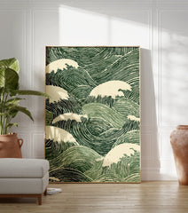 Japanese wave poster with stylized green and cream ocean waves in a distressed woodcut art style. - Image 3