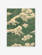 Green Japanese wave poster with curling surf, cream foam and stylised clouds in Ukiyo-e style