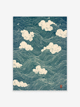 Navy blue Japanese wave poster with cream clouds and white line art pattern