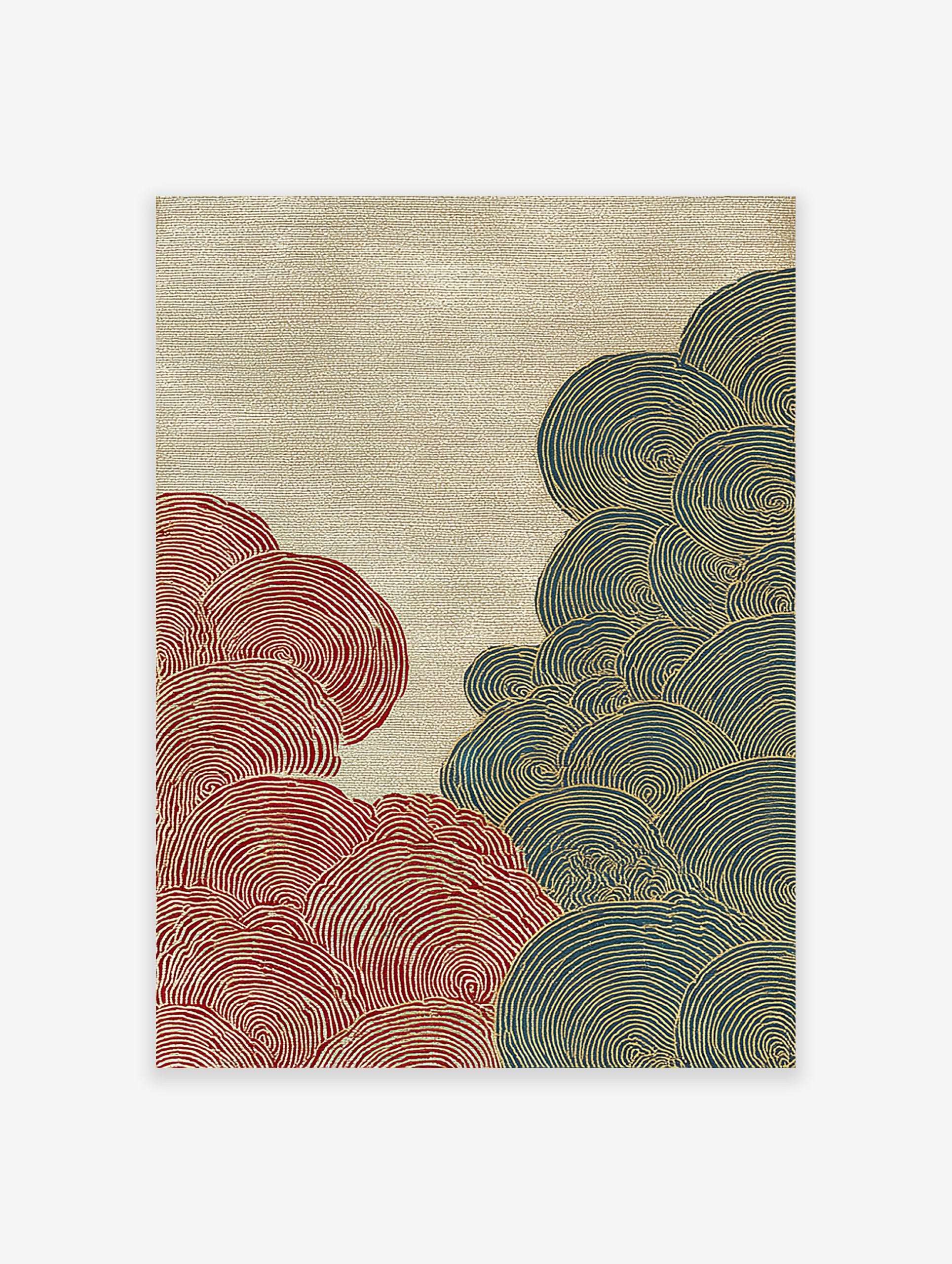 Abstract Japanese wave wall art with red and blue Seigaiha patterns outlined in gold on a textured beige background.