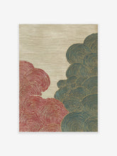 Abstract Japanese wave wall art with red and blue Seigaiha patterns outlined in gold on a textured beige background.