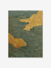 Japanese Wave Wall Art with golden swirling clouds and teal wavy lines on a textured background.