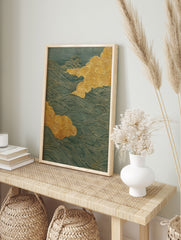Japanese Wave Wall Art with golden swirling clouds and teal wavy lines on a textured background. - Image 3