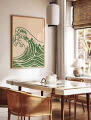 Stylised Japanese ocean wave in deep green on a textured beige background, rendered in an, in a styled room mockup