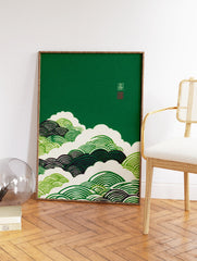 Green Japanese wave pattern wall art print with stylized cream and dark green waves and a small red traditional stamp. - Image 2