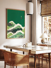 Green Japanese wave pattern wall art print with stylized cream and dark green waves and a small red traditional stamp. - Image 3