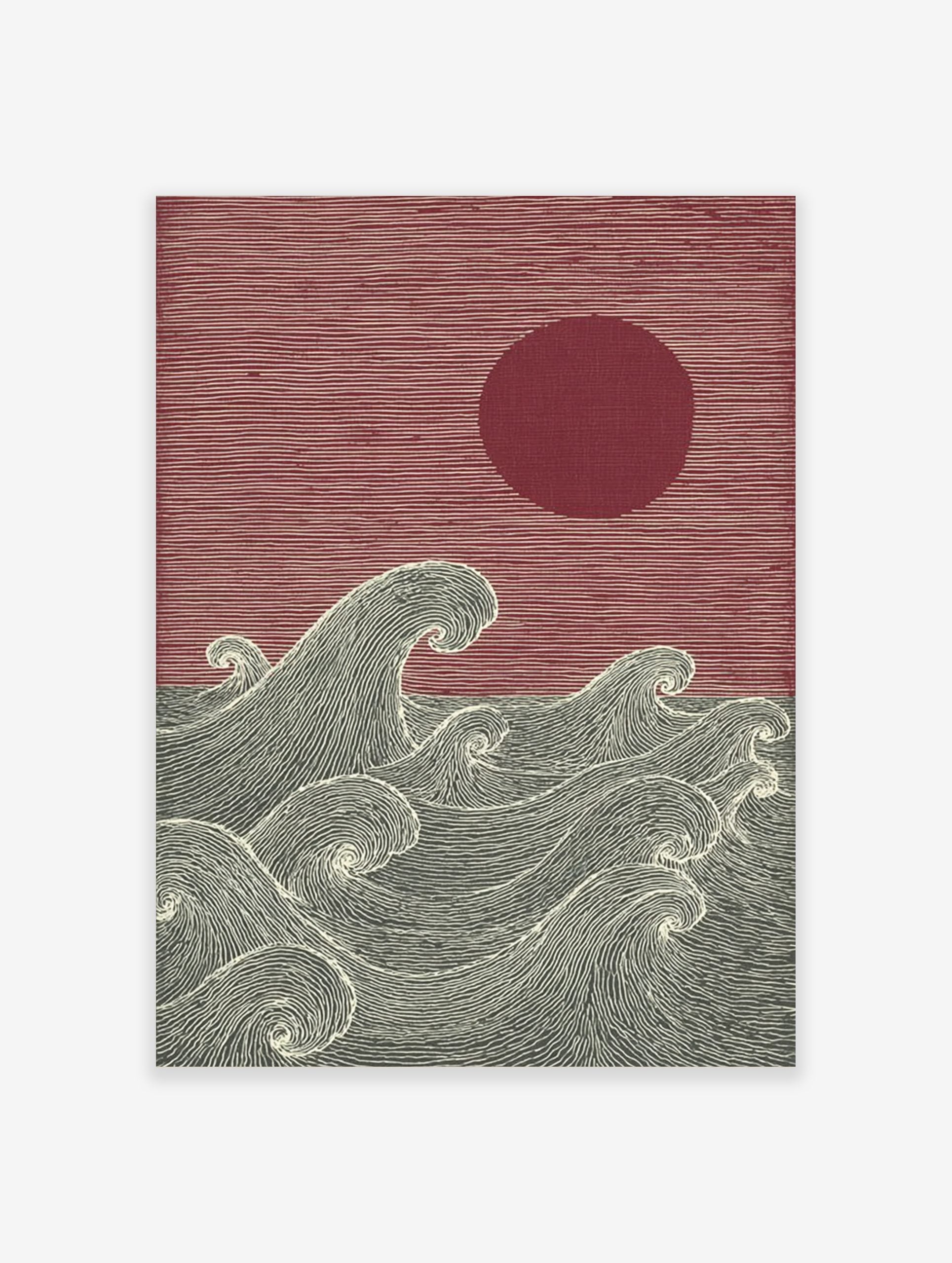 Japanese woodblock style art print with red sun and textured dark grey ocean waves
