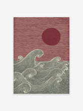 Japanese woodblock style art print with red sun and textured dark grey ocean waves