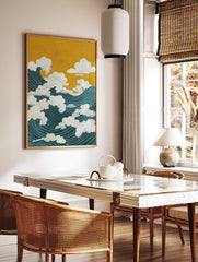 Japanese waves art poster showing large teal ocean waves with white clouds under a golden yellow sky in a traditional style. - Image 2