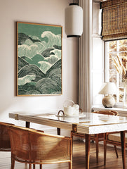 Japanese waves poster with green and off-white woodcut style illustration of rolling ocean waves. - Image 2