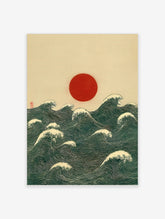 Red sun rising over deep blue-green ocean waves with white crests, Japanese woodblock style print