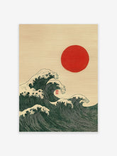 Japanese Ukiyo-e style art print of dark green ocean waves with white foam and a red sun
