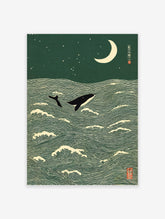 Japanese Ukiyo-e style art print of a whale jumping from green ocean waves under a cream crescent moon and stars.
