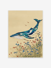 Ukiyo-e style Japanese Whale Art print with a blue whale, ocean waves, and red and blue wildflowers on a beige background.