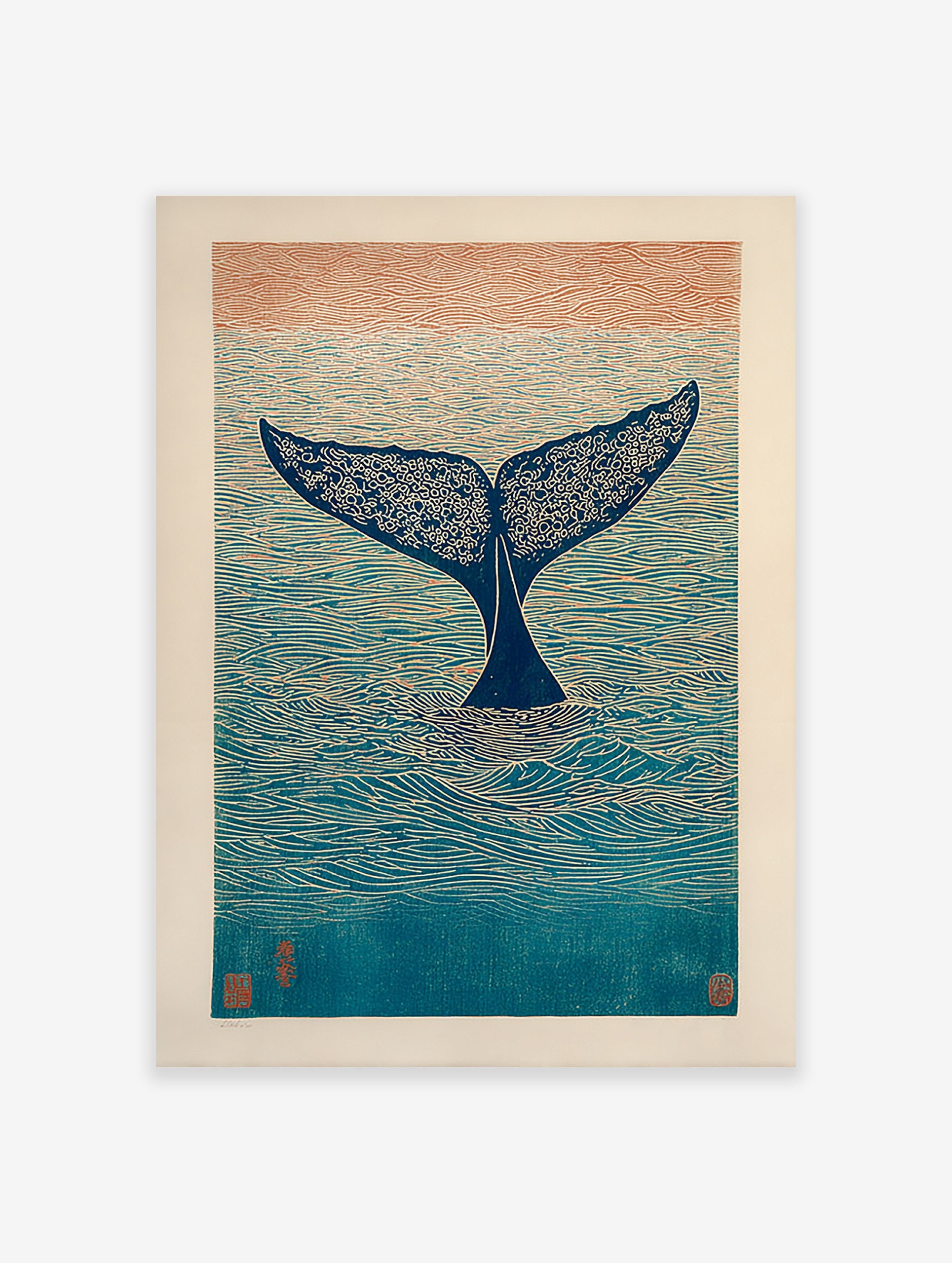 Japanese woodblock style art print of a whale tail in blue and orange ocean with textured waves and sky.