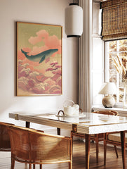 Japanese Ukiyo-e style wall art featuring a blue whale flying above pink clouds and ocean waves under a green sky. - Image 2