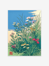 Japanese wildflower art print with green grass, various colored flowers (pink, white, yellow, red), and a blue sky.