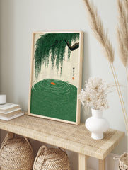 Japanese Willow Poster depicting a green weeping willow branch over rippling green water with a central orange circle in a traditional style. - Image 4