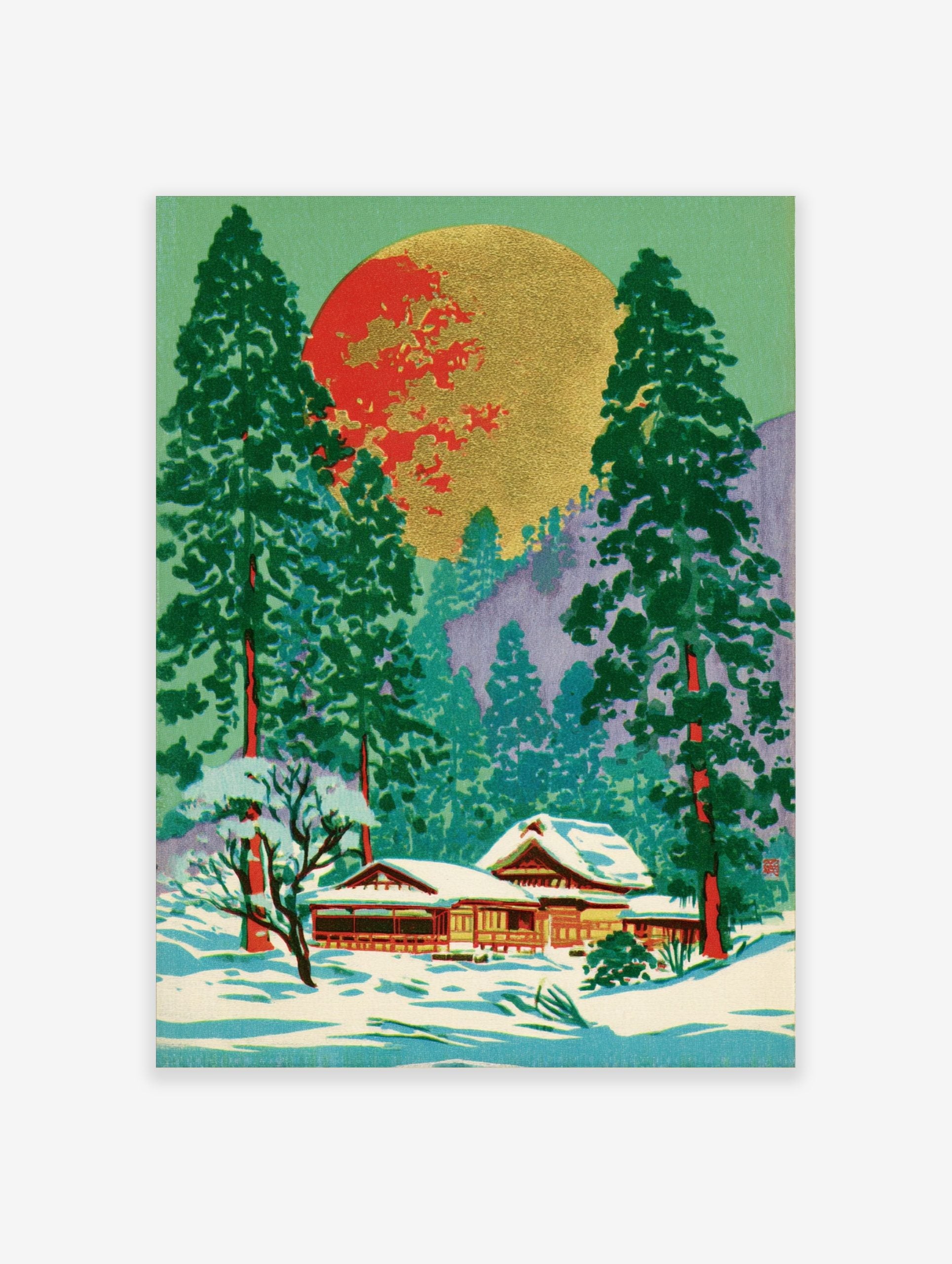 Japanese winter landscape art with snow-covered temple, green pine trees, and a large red and gold moon