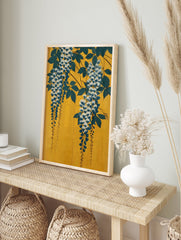 Japanese Wisteria poster with blue and white flowers, green leaves, and dark branches on a vibrant yellow background. - Image 4