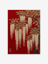 Japanese Wisteria poster featuring golden flowers and leaves on a vibrant red background with a subtle wave pattern.