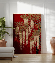 Japanese Wisteria poster featuring golden flowers and leaves on a vibrant red background with a subtle wave pattern. - Image 3