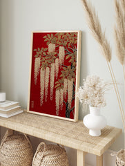 Japanese Wisteria poster featuring golden flowers and leaves on a vibrant red background with a subtle wave pattern. - Image 4