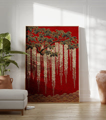 Japanese Wisteria poster with gold flowers and black leaves on a textured red background and gold waves. - Image 3