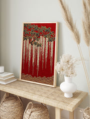 Japanese Wisteria poster with gold flowers and black leaves on a textured red background and gold waves. - Image 4