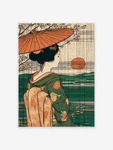 Japanese Ukiyo-e poster of a woman with an orange umbrella, green kimono, looking at a setting sun over water with cherry blossoms.