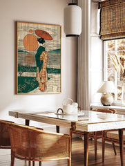 Japanese woman poster in Ukiyo-e style, holding an umbrella, with large orange suns and green landscape. - Image 2