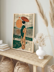 Japanese woman poster in Ukiyo-e style, holding an umbrella, with large orange suns and green landscape. - Image 4