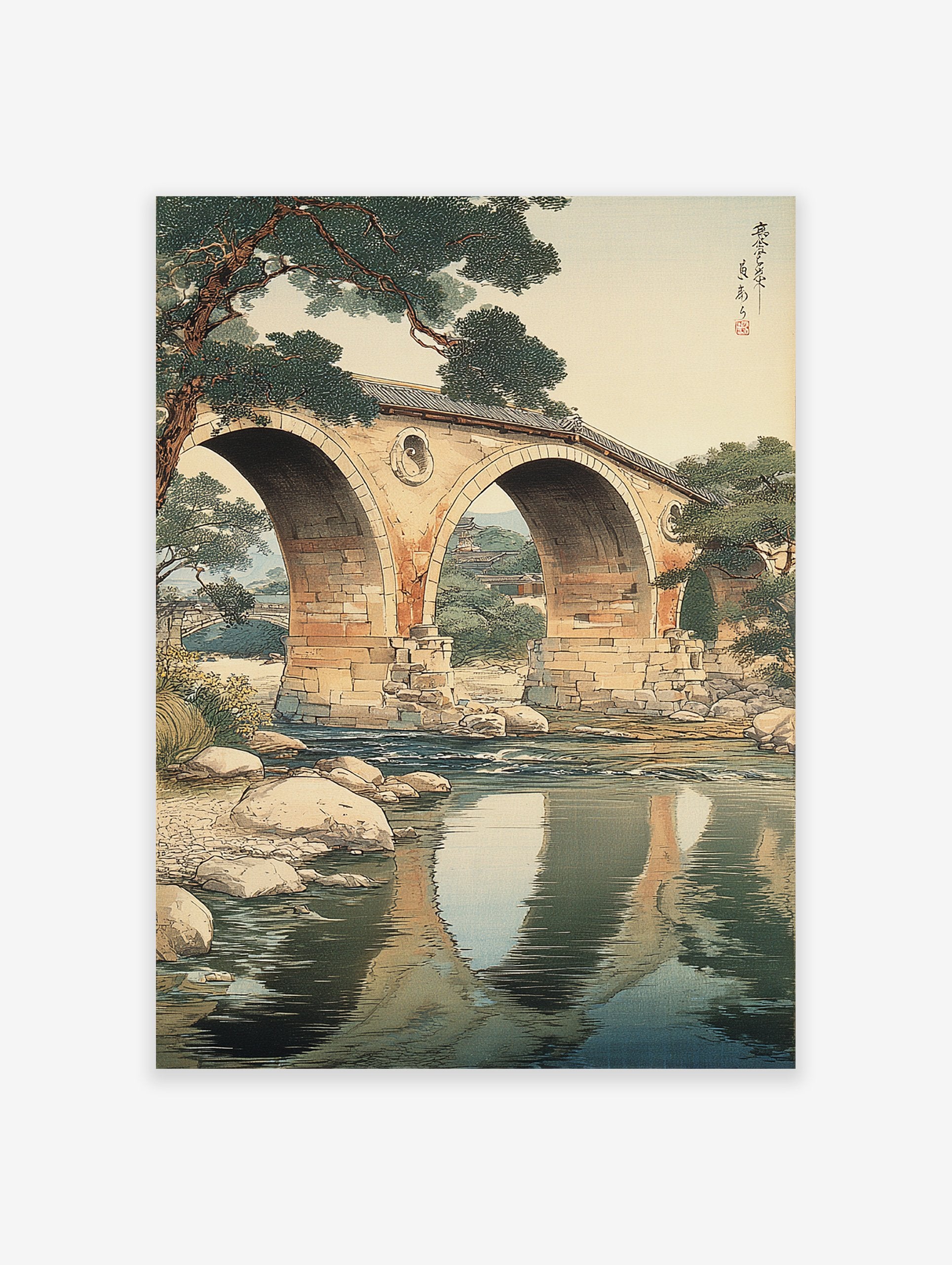 Japanese woodblock print of a stone arched bridge over a river with pine trees and reflections in traditional Ukiyo-e style.