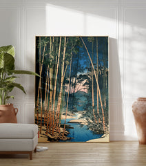 Japanese woodblock print of a serene bamboo forest in winter with a blue stream and snowy ground. - Image 3