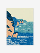 Japanese woodblock print of a coastal landscape with blue ocean, orange cliffs, sea stacks, and small boats.