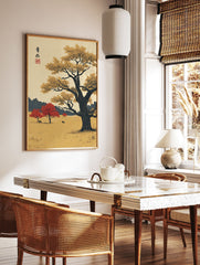 Japanese woodblock print of a golden tree, red maple trees, and deer in a serene landscape with traditional calligraphy. - Image 3