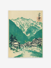 Japanese woodblock print of a mountain village with traditional houses by a river and snow-capped peaks.