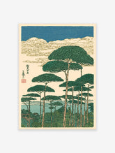 Japanese woodblock print of tall pine trees overlooking water under a cloudy sky, vintage Ukiyo-e landscape art.