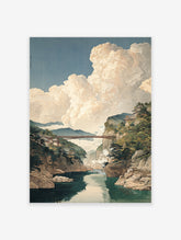 Japanese woodblock print of a river flowing through a gorge, with a red bridge connecting cliffs under a cloudy sky.