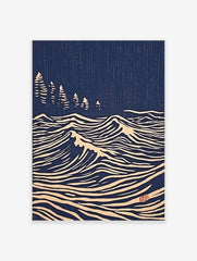Japanese woodblock print style art with white stylised ocean waves and pine trees on a deep blue background