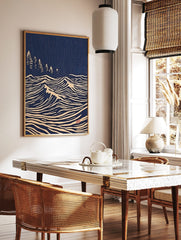 Japanese woodblock print style art with white stylised ocean waves and pine trees on a deep blue, in a styled room mockup