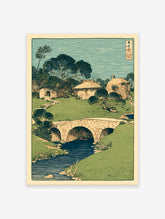 Traditional Japanese woodblock print showing a green landscape with houses, trees, a stone bridge over a blue river.