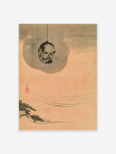 Japanese yokai art print of a hanging head with long nose and pine branch on peach background